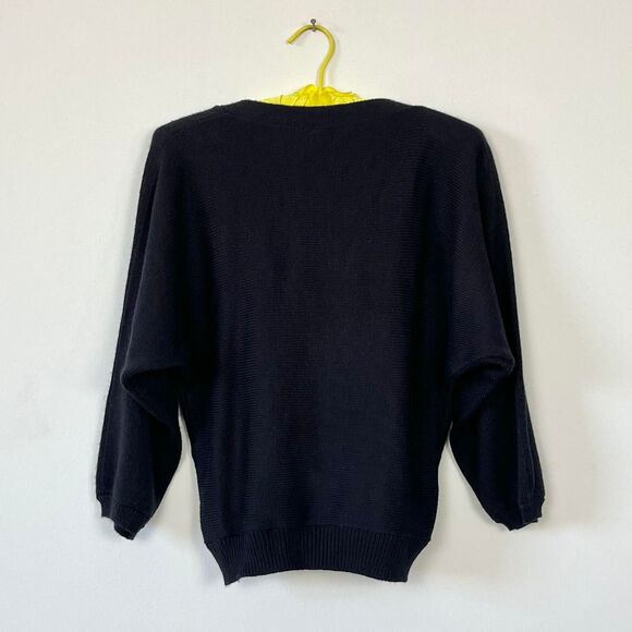 80s Vintage Feather Trim Black Wrap Sweater Dolman Sleeve Large - Picture 4 of 7